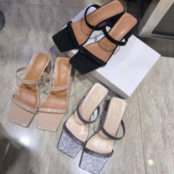 

slippers fashion square head lady high heel black white silver thick summer