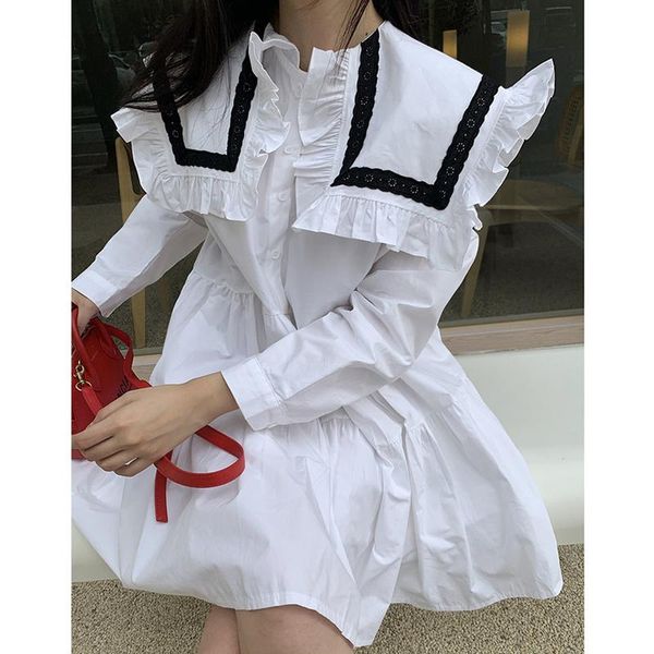 

casual dresses [ewq] korean chic autumn large lapel lace stitching button women's loose wrinkle bubble sleeve dress female tide 2021 16, Black;gray