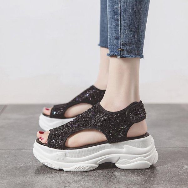 

sandals beige heeled 2021 summer sale of women's shoes increasing height espadrilles platform all-match wedge muffins shoe, Black