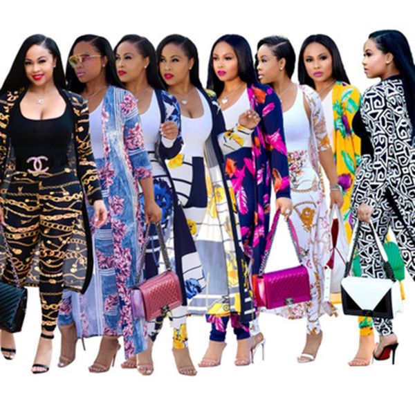 

designs long sleeves pattern printed coat & trousers autumn women suit europen and american casual two piece set xxxl, White