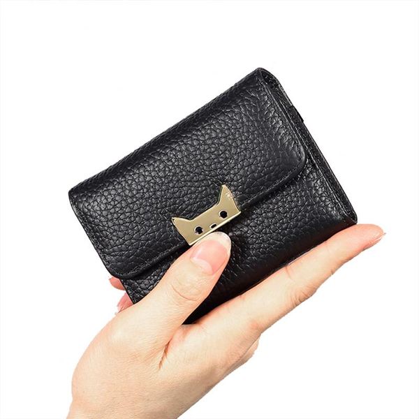 

card holders women genuine leather case fashion wallet cute cat purse minimalist money bag business holder rfid, Brown;gray