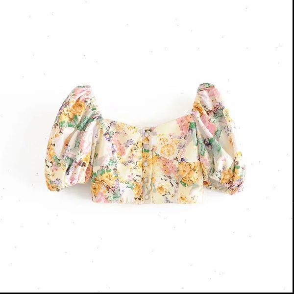 

women 2021 fashion chic pearl buttons floral cropped blouses vintage elegant square collar puff sleeve shirts, White