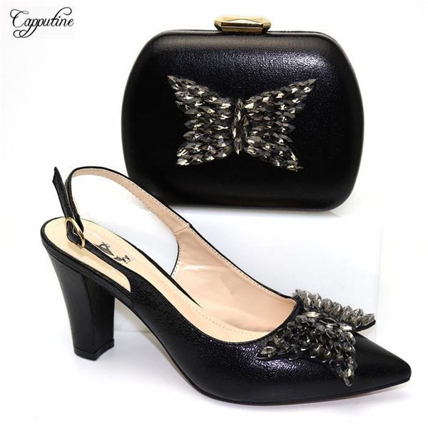 

dress shoes coming black spring/autumn pointed toe and evening handbag set with stones cr174, heel height 9cm