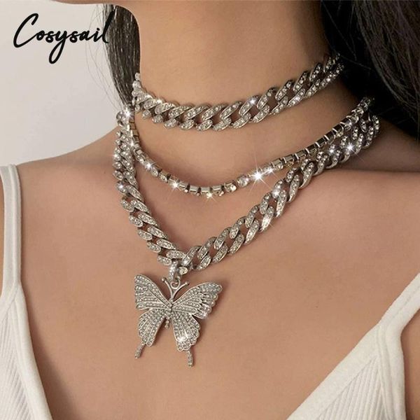 

pendant necklaces cosysail 3pcs shiny rhinestone butterfly necklace for women miami cuban chunky choker party jewelry, Silver