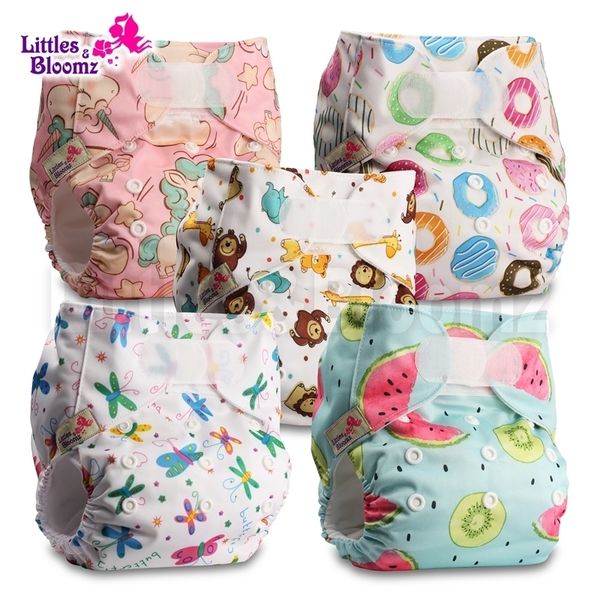 

[littles&bloomz]5pcs/set standard hook-loop reusable washable nappy diaper,5 nappies/diapers and 5 microfiber inserts in one set 210312