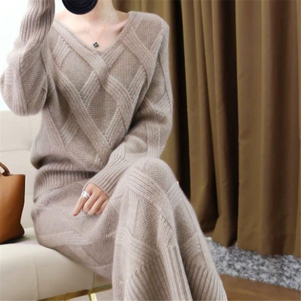 

two piece dress 2021 winter knitted womans suits thick loose sweater + pencil skirts sets for woman casual ladies two-pieces suit quality, White