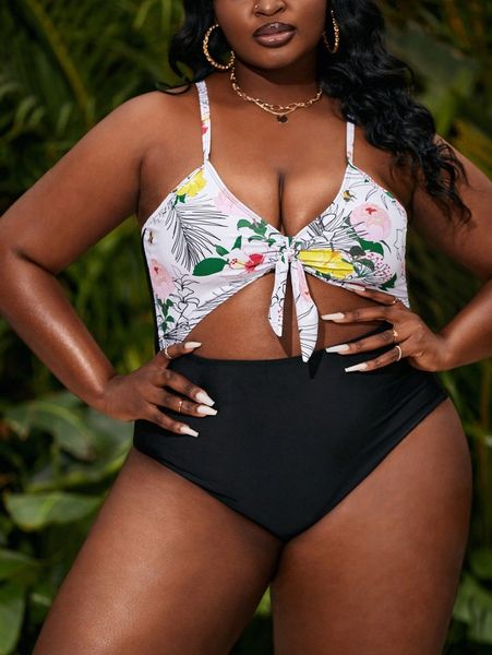 

plus tropical print knot front one piece swimsuit w2es#, Black