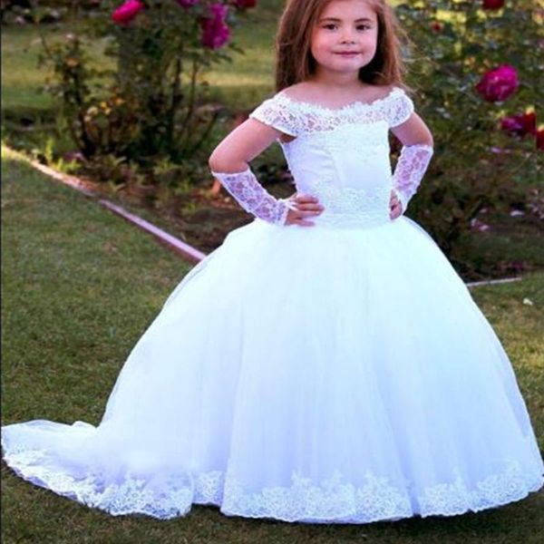 Abito da ballo bianco Abiti da ragazza di fiori per matrimonio Tulle Fiocco Abiti da spettacolo senza maniche da principessa Puffy Little Girl Abito da prima comunione 2021