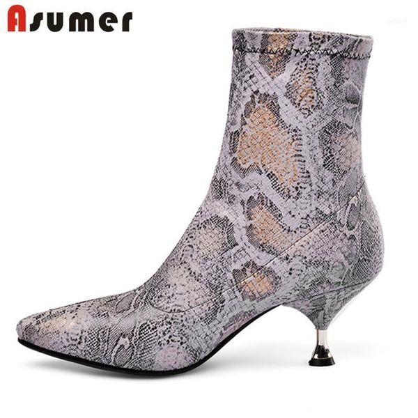 

boots asumer stretch 2021 snake thin heel party wedding shoes ladies pointed toe slip on autumn winter ankle women11, Black