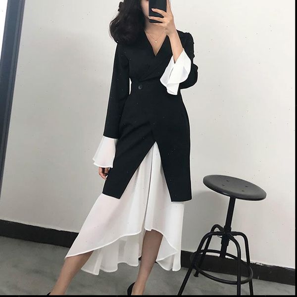 

ewq] 2021 summer celebrity temperament female dress fashion korea full sleeve v neck patchwork irregular button black dresses, Black;gray