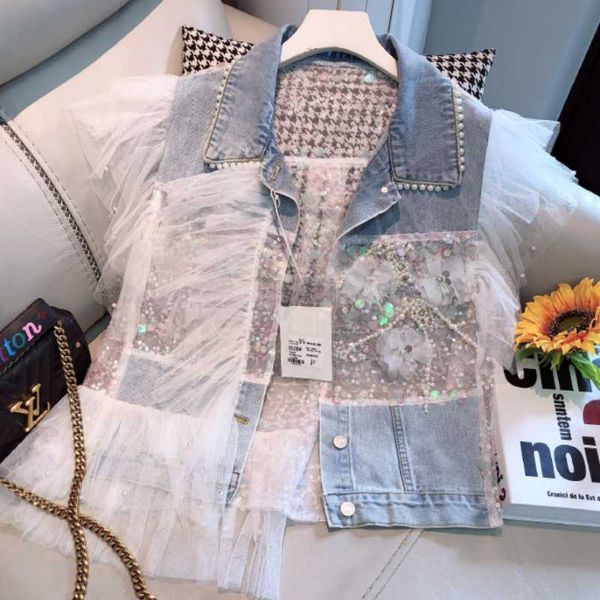 

women's jackets 2021 summer fashion sequin beading denim women mesh stitching sleeves jacket coat, Black;brown
