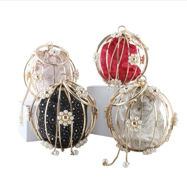 

hollow out spherical cage evening bag women 2021 fashion pearl diamond personality circular day clutch bag ladies dinner party