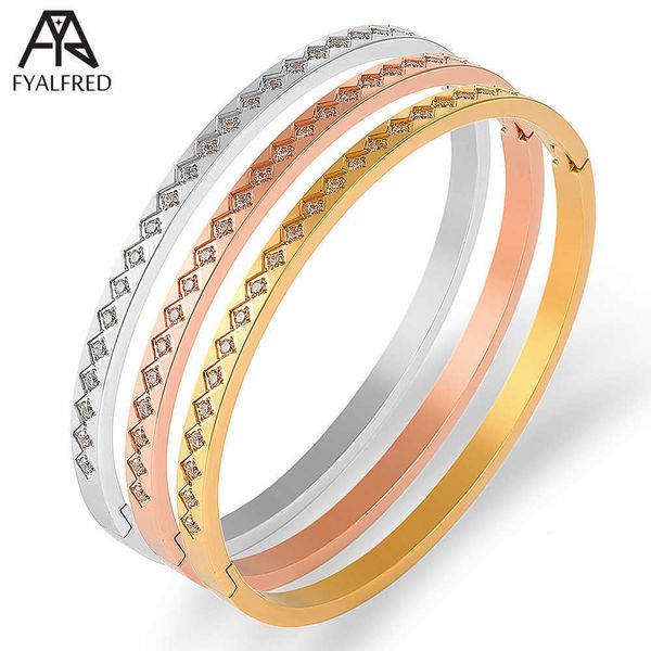 Fyalfred 4/6mm Classic Rhombus Crystals Bangles & Bracelets Lover Couple Bangles Stainless Steel Gold Cz Bangles Women Engraved Q0719