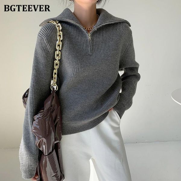 

bgteever fashion thick turtleneck zipper pullover sweaters women loose long sleeve female solid knitting jumpers autumn winter, White;black