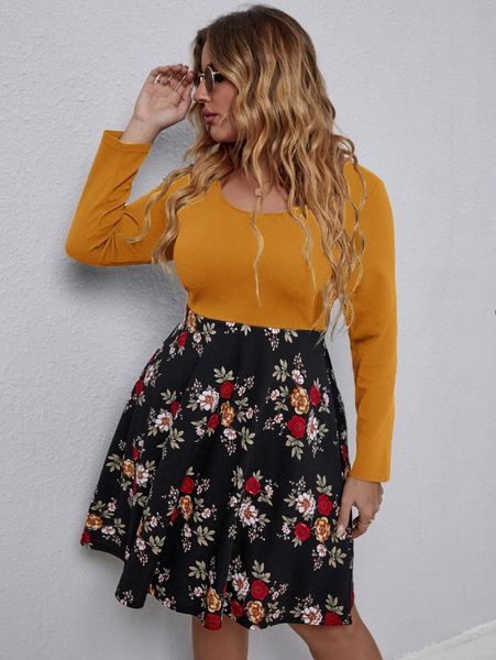 

plus floral print a-line dress g0pb#, Black