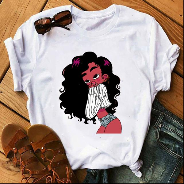

cartoon black girl lady t shirt summer street style tee fashion women short sleeved t shirt drop shipping good quality, White