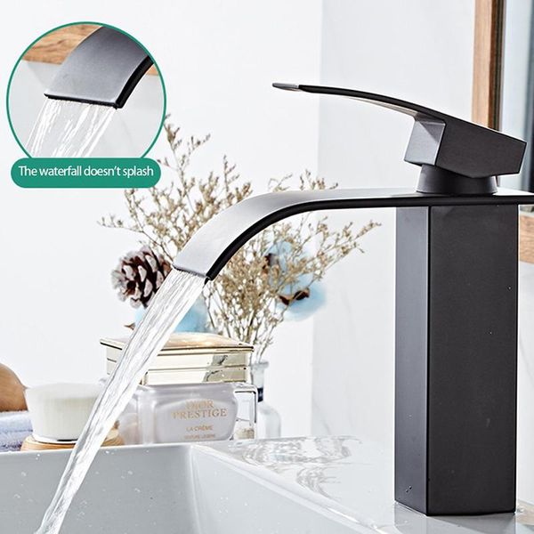 

bathroom sink faucets deck mounted washbasin tap waterfall basin faucet black bath cold water mixer vanity