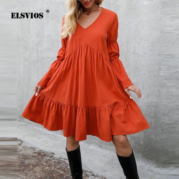 

casual dresses fashion women's solid boho mid dress spring autumn chic long sleeve party ruffle lady v neck loose holiday vestidos, Black;gray