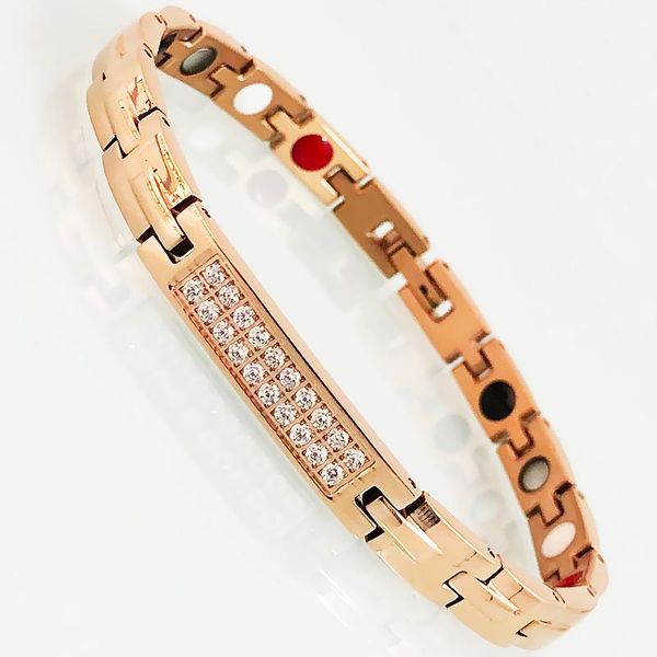 

link, chain women's rose gold stainless steel cubic zirconia hand bracelets health care 4 in 1 magnetic therapy bangle ladies jewelry g, Black