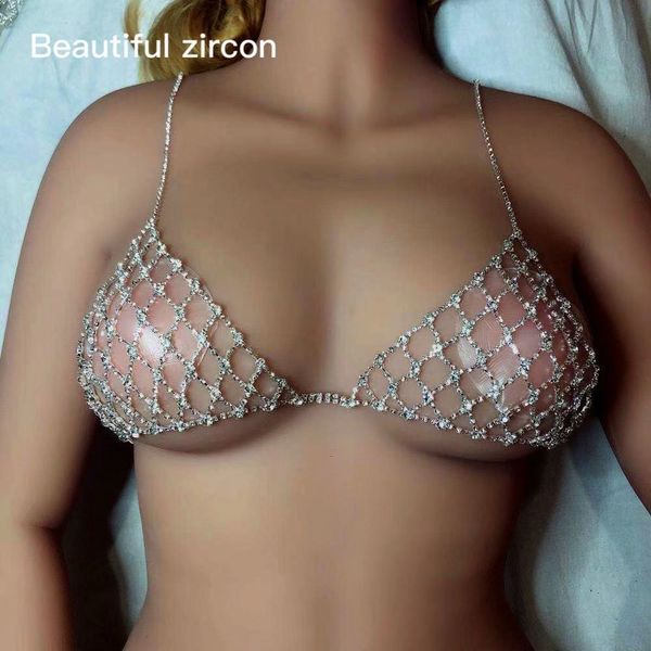 

fashion simple women's tennis rhinestone bra chain set exquisite crystal bikini bra and thong club party jewelry whole, Silver