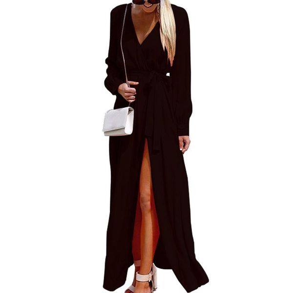 

casual dresses women long sleeve maxi dress solid v neck lace up boho, Black;gray