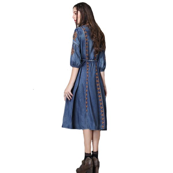 

mid-calf geometry embroidered women's dress three-quarters high-waist indie folk denim gowns t82027 rynw, Black;gray