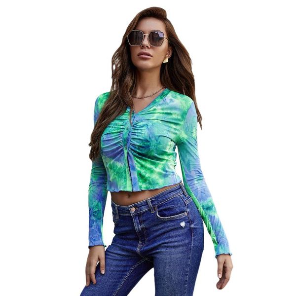 

women's blouses & shirts fashionable women tie dye t-shirt, v-neck long sleeve button collar crop for summer and late spring, White