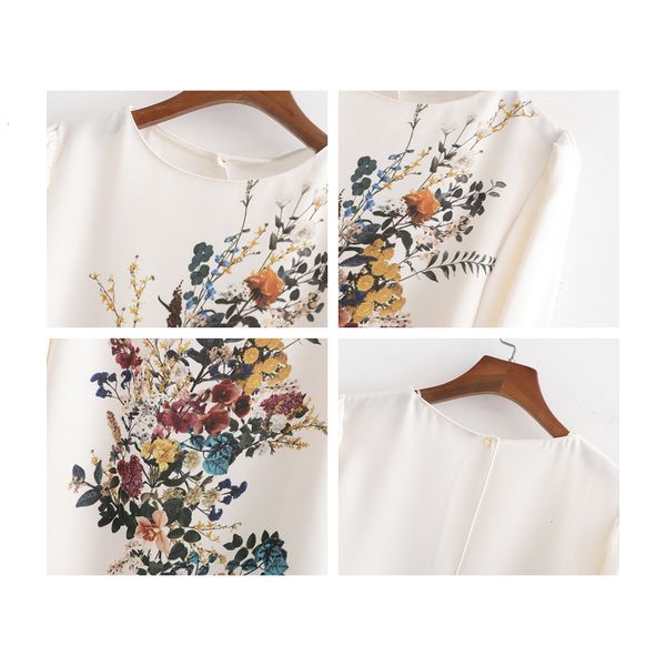 

New 2021 Elegant Sleeve Bow Tie Shirt Floral Print O-neck Women Ladies Chic Tops Loose Chiffon Blouse Blusa IZJ1, White