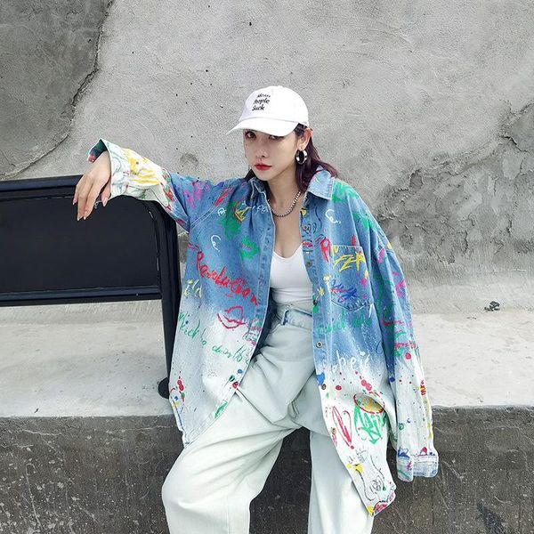 

women's jackets women denim coat 2021 spring graffiti printing gradient shirt irregular outwear c374, Black;brown