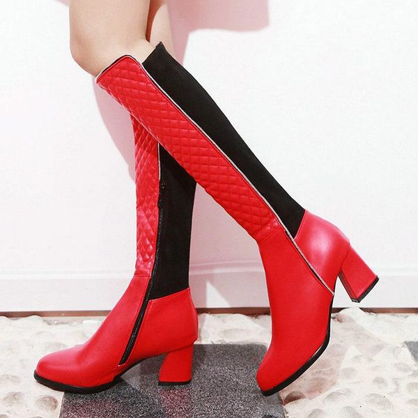 

boots 2021 women knee high fashion mixed color zipper long square heel round toe booties big size 34-43, Black