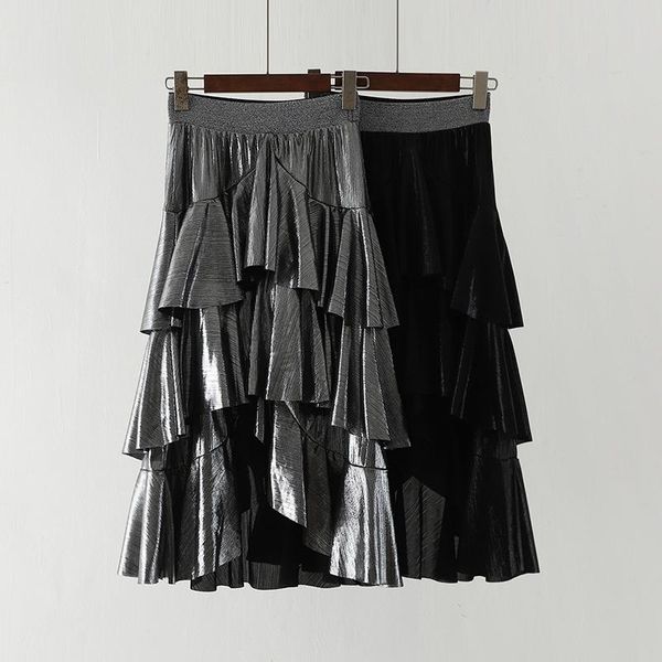

skirts spring women layer skirt high waist slim silvery irregular hem elegant 2021 ladies long, Black