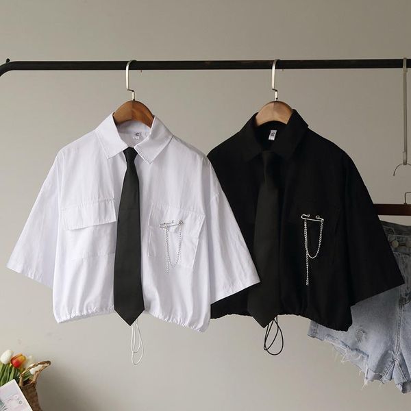 

vintage bandage short blouse women 2021 summer harajuku shirt tie pin patchwork streetwear female shirt, White