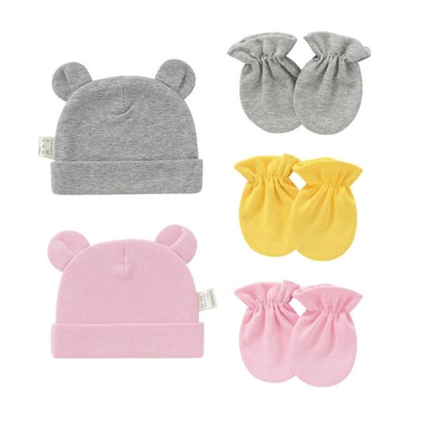 

children's mittens huyu baby infants anti scratching cotton gloves+ears hat set born beanies, White