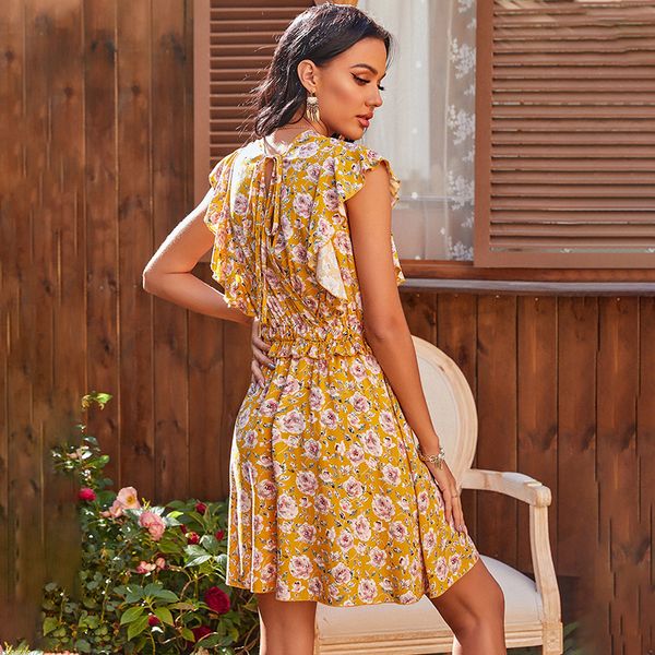 

2021 new wish2021 spring new arrival european and american womens clothing v-neck a- line skirt waist trimming printing dress women wholesal, White;black