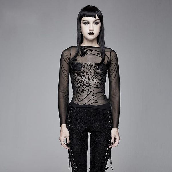 

women's t-shirt punk devil fashion clothing black lace gothic perspective pattern long sleeve women, White