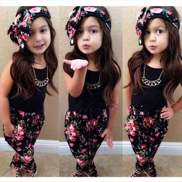 

1 7 years kids clothes girl outfits summer baby sets cotton sleeveless pants headband childrens clothing, White