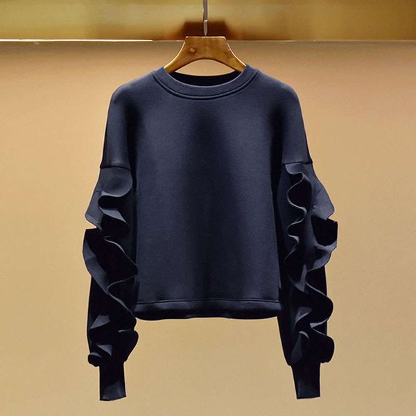 

women's autumn space cotton loose splicing ruffle versatile pullover sweater, Black