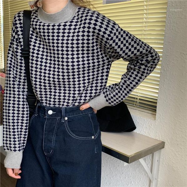 

women's sweaters 2021 fashion loose sweater long sleeve diamond lattice comfortable pullover minimalist style simplicity basic leisure, White;black