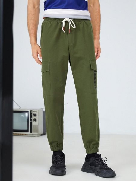 

men letter graphic flap pocket pants 35fz#, Black