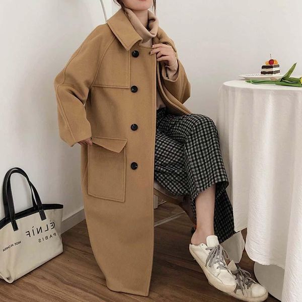 

women's wool & blends korean loose double-sided cashmere coat medium long knee length hepburn women in autumn and winter 2021, Black