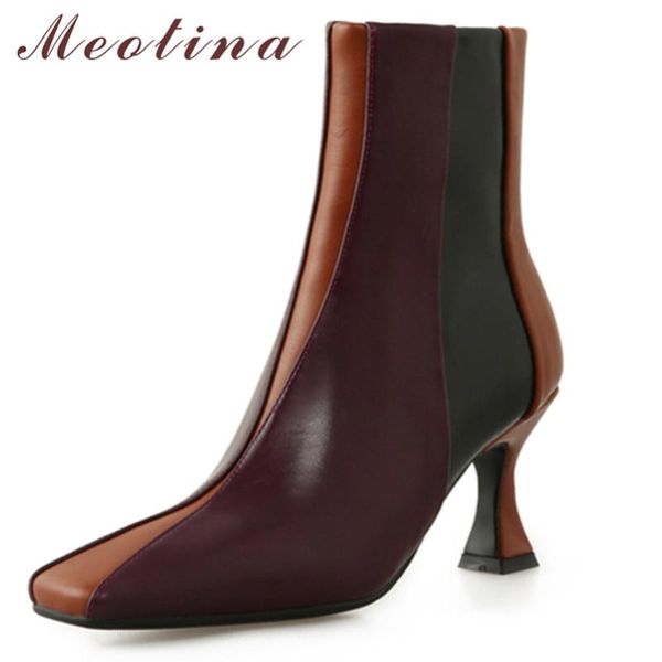 

boots meotina women genuine leather ankle thin high heel fashion zipper square toe ladies autumn winter white red, Black
