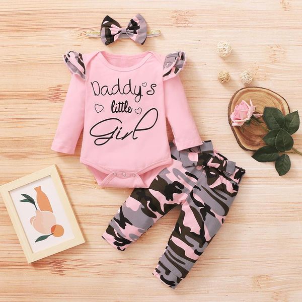 

0-18m baby girl clothes set newborn infant baby valentine print romper bodysuit+camouflage print pants set meisjes kleding, White