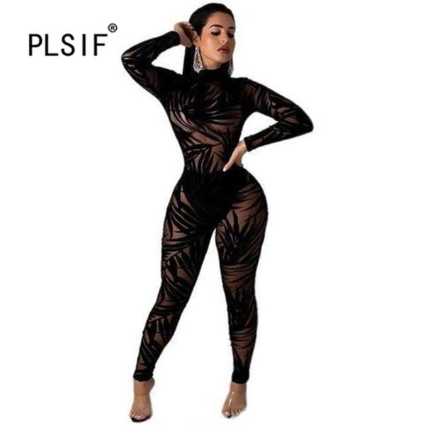 

women's jumpsuits & rompers 2021 fashion chic leaves printed lady mesh see-through black catsuits club skinny, Black;white