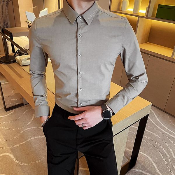 

Plus Tamanho New 4xl Primavera Novo Manga Comprida Bordado Colarinho Camisas Roupas Masculinas Simples Formal Vestido 7BP9, Black;brown