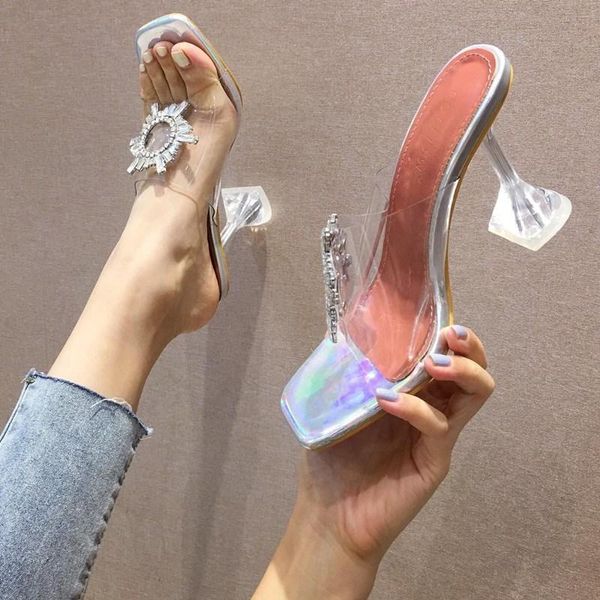 

sandals shining diamond ring clear band crystal spool high heel women ladies summer outside square toe shoes slip on slides, Black