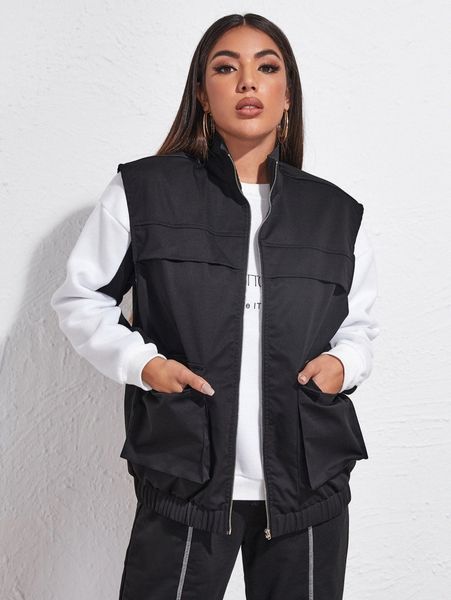 

zip up flap pocket vest jacket e4rq#, Black;brown