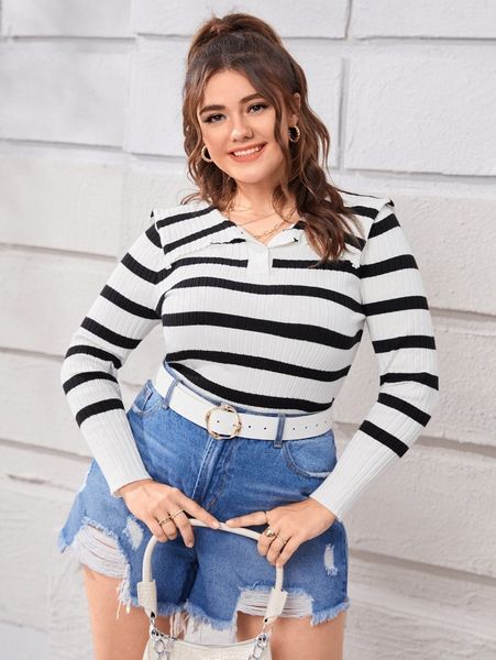 

plus striped half button sweater 71un#, Black