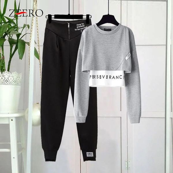 

women's two piece pants autumn spring casual letter tracksuit 2 sets women patchwork crop slim pullover and zip sports set suits outfit, White