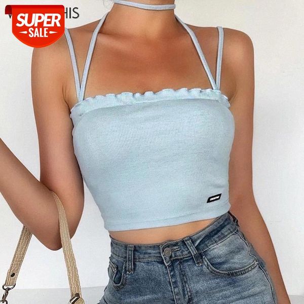 

wannathis halter slash neck sleeveless crop camisole women ruffles backless summer new tank letter embroidery solid #3u9p, White