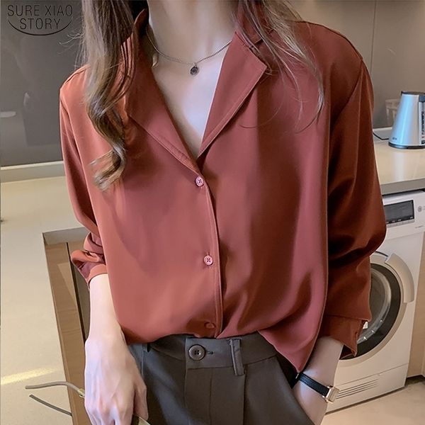 Coreano escritório senhora v-pescoço camisas botão solto roupa 2021 novas mulheres blusa chiffon sólido feminino camisa vermelha blusas 9380 50 210315